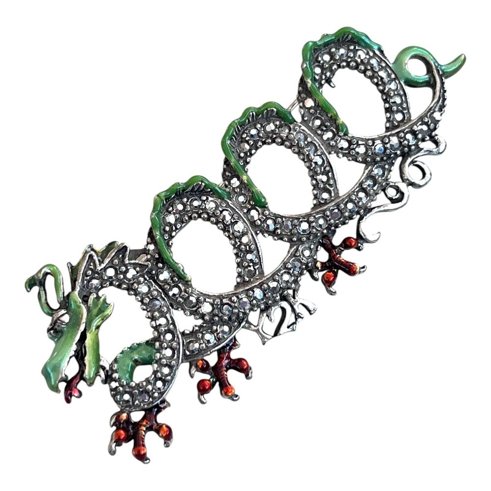 Kirks Folly Brooch Y2K Dragon Crystal Enamel Silver Tone - 1C